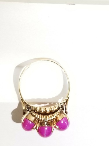 Ladies Mid-Century Modern 14K Gold Star Sapphire Cocktail Ring 3 Stone - Picture 5 of 12