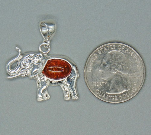 925 Sterling Silver Cognac Amber Elephant Pendant with Silver Chain - Picture 4 of 6