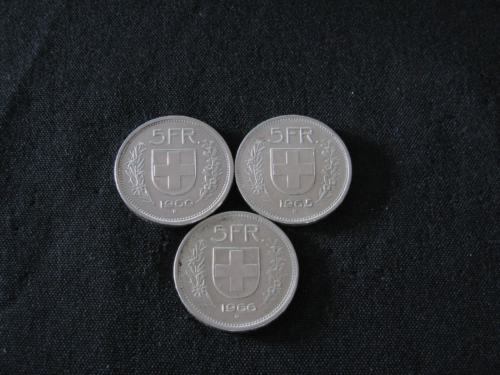 THREE 5 SILVER SWISS FRANC 1965-B. 1966-B. 1969-B. - Picture 2 of 2
