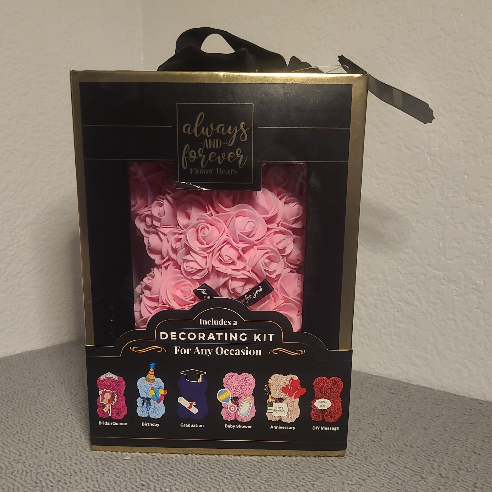Always and Forever Flower Bear Pink Roses in Black Gift Box