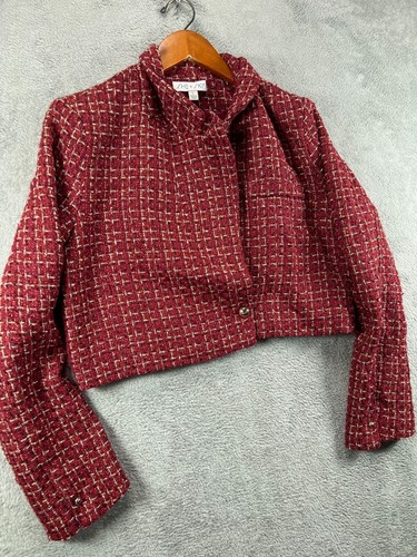 SHE SKY Womens Large Jackets Cropped Blazer Tweed Red Gold Metallic Ladies - Picture 4 of 9