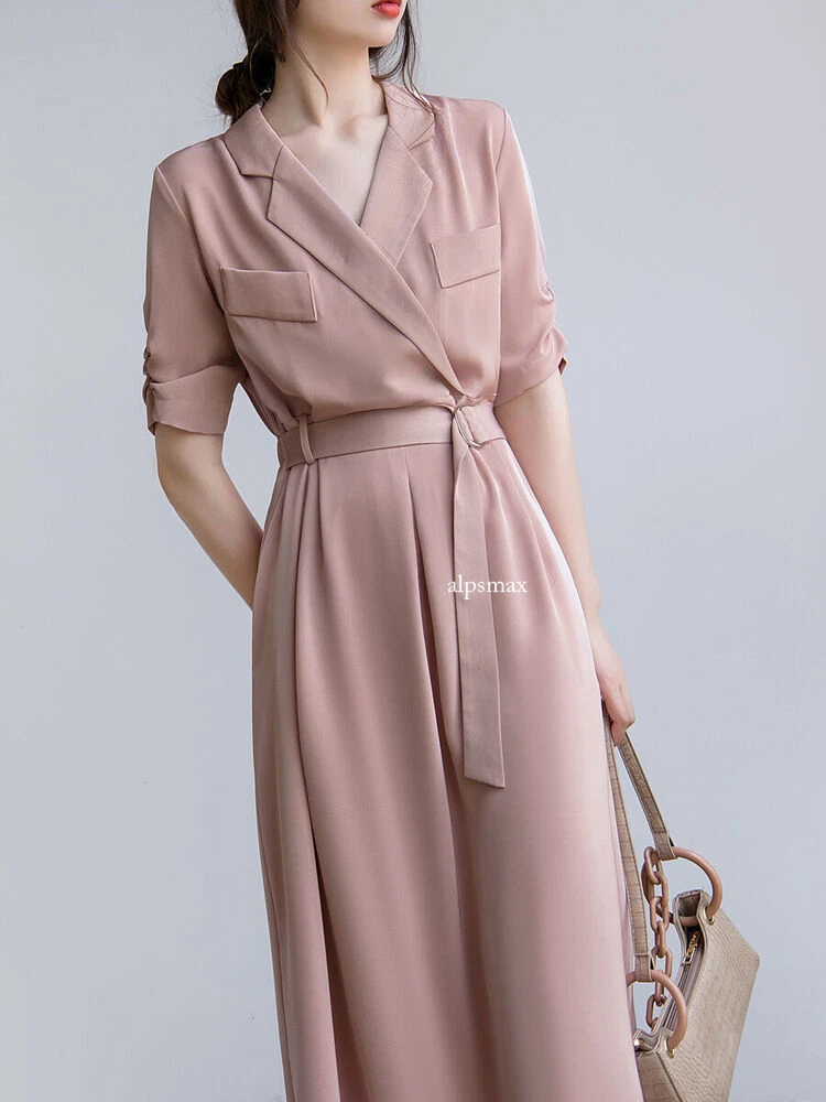 OFF WHITE Abito rosa completo colletto donna con cintura OL formale estivo linea A vita gonne lunghe