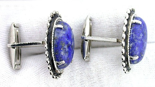 VINTAGE natürlicher Afghanistan Lapislazuli ovaler Cabochon silberfarben Manschettenknopf - Bild 2 von 2