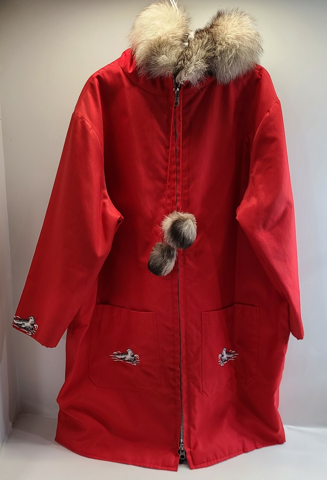 Vtg Inuit Style Fur Lined Womens Red 