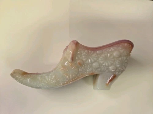 Vintage Fenton Daisy Buttons Ribbon Cabbage Rose Milk Glass Shoe Slipper #10