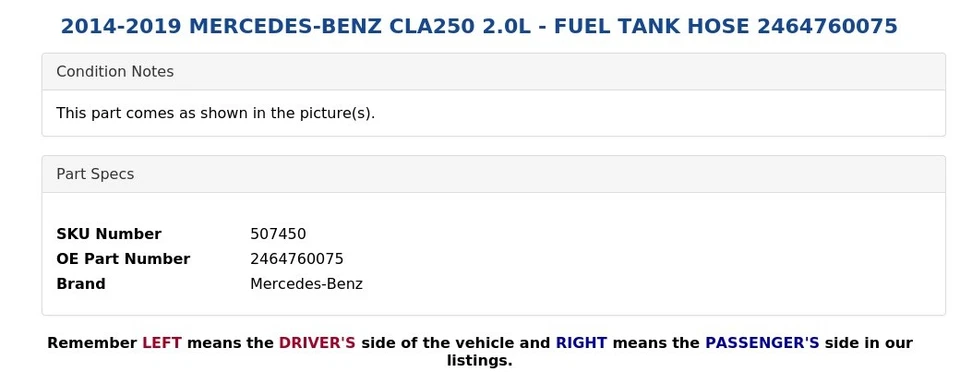 Mercedes-Benz CLA250 2014-2019 2,0 L - Manguera del tanque de combustible 2464760075 Foto 4 de 4