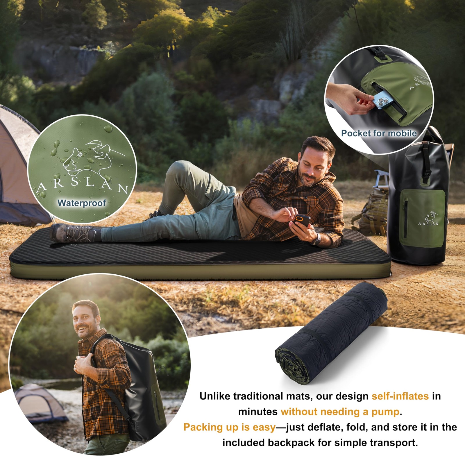 Self-Inflating Sleeping Pad 4" Memory Foam – Camping Mattress with Backpack |...