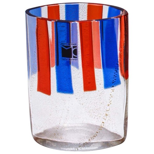 Carlo Moretti Murano Aventurin Glas Vase rot blau gestreift