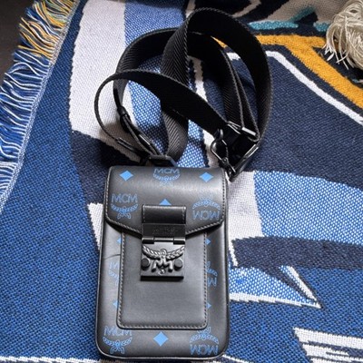 MCM Black/Blue Logo Crossbody Bag Clasp Closure Adjustable Strap Unisex