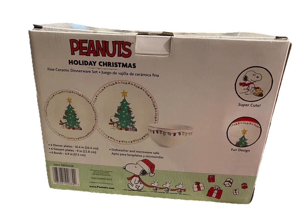 Juego de vajilla de cerámica fina de 18 piezas Peanuts Snoopy Holiday Christmas nuevo en caja Foto 2 de 2