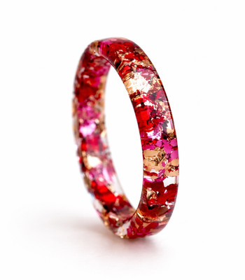 Red Pink Gold Flakes Resin Ring Thin Stackable Band Handmade Gift for Her