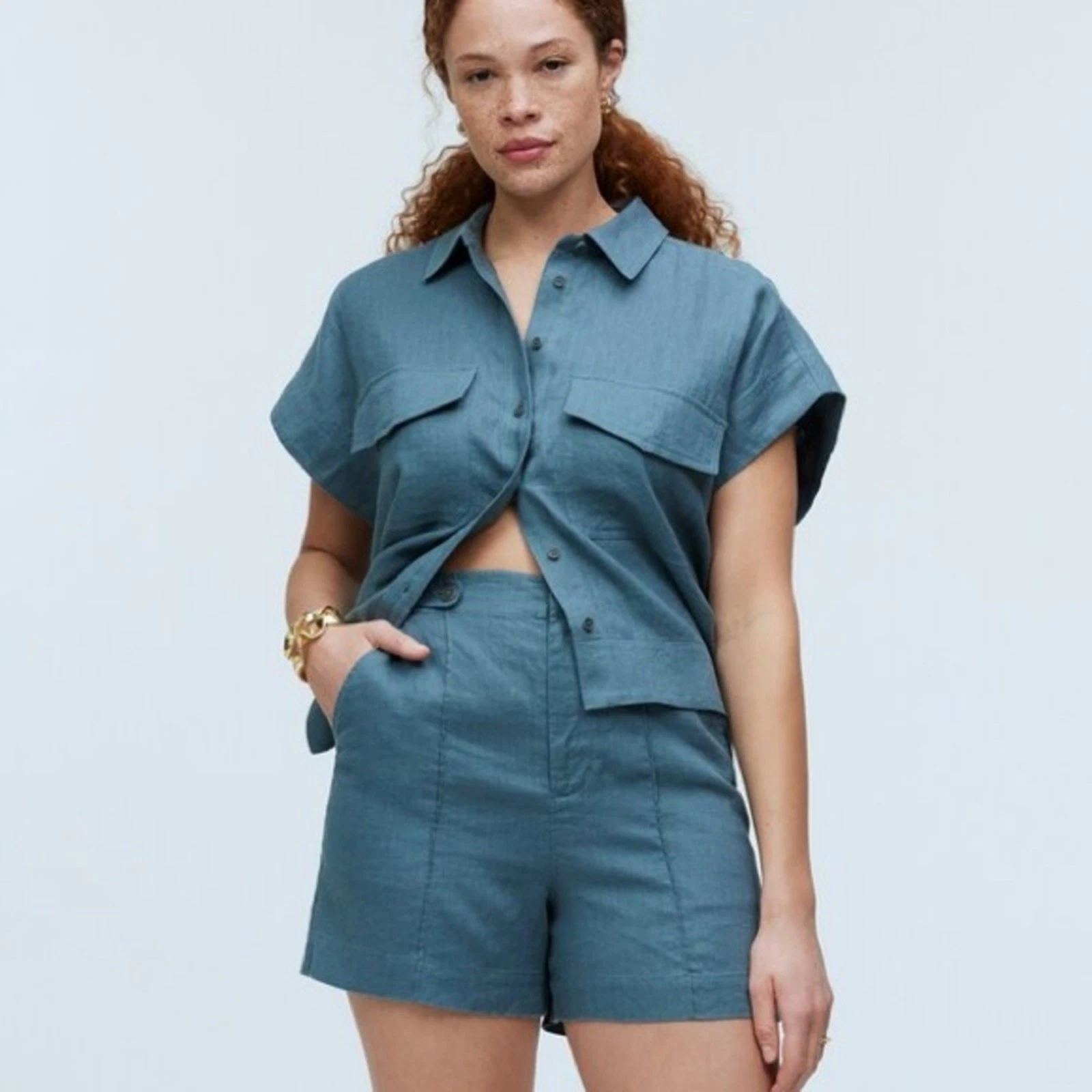 Madewell Clean Button-Tab Shorts in 100% Linen Teal N0408 Size 2-4