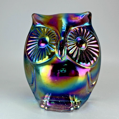 FENTON USA Glass 3" Hooty Owl Figurine Paperweight Carnival Iridescent
