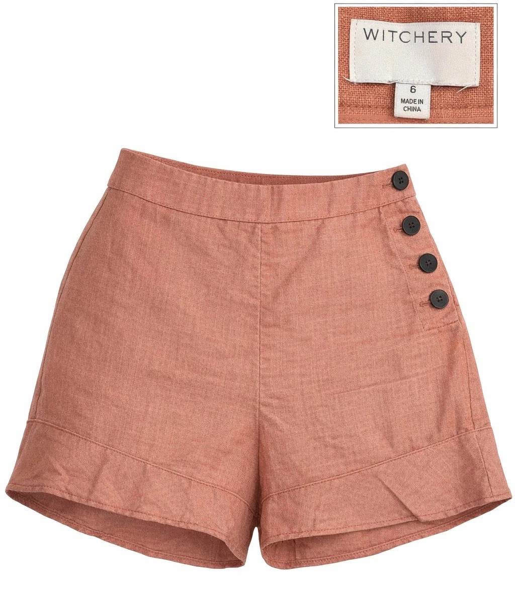Witchery Womens 100% Linen Shorts Size 6 Terracotta High Waist Side Button