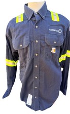 Carhartt FR Navy Blue Welders Work Shirt Co. Logo Reflective Stripes Large