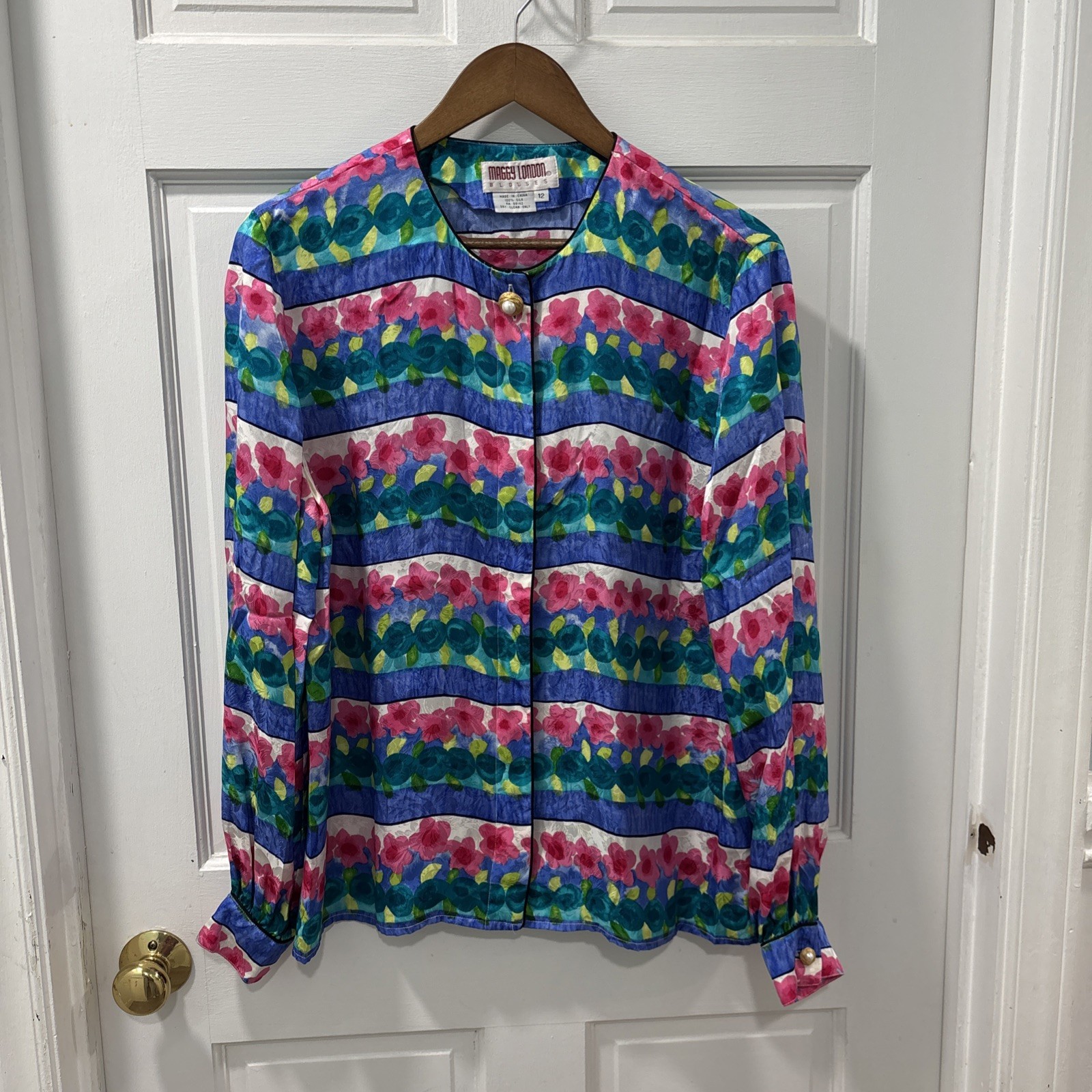 Maggy London Women’s Silk Blouse Size 12 Floral Stripe Button Down Top Vintage