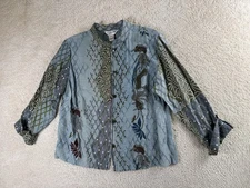 Citron Blouse Womens Large Blue Green Bamboo Nylon Asian Print Button Top Jacket