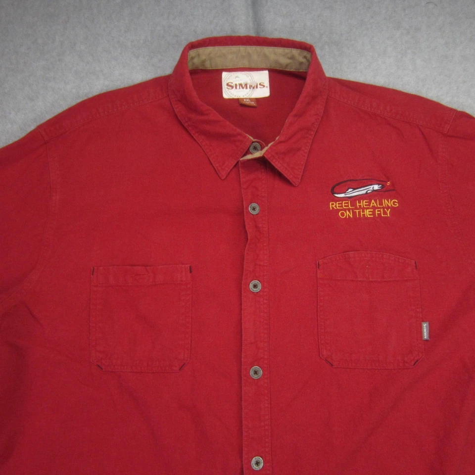 Camisa Simms Para Hombres XXL Roja Abotonada Carrete de Pesca Curación Sobre la Mosca Franela Foto 2 de 4