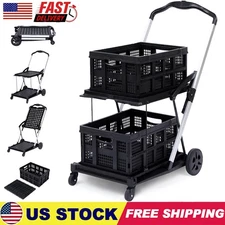 2-Layer Folding Shopping Cart Multifunctional Collapsible Cart w/ Storage Crate 