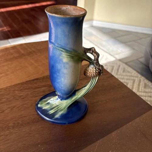 Roseville Pine Cone Pinecone Blue 1935 Art Pottery Ceramic Bud Vase 7” Read
