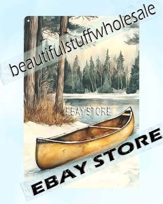 Winter Shore Canoe Tin Sign Forest Lake forest calm home kitchen art plaque