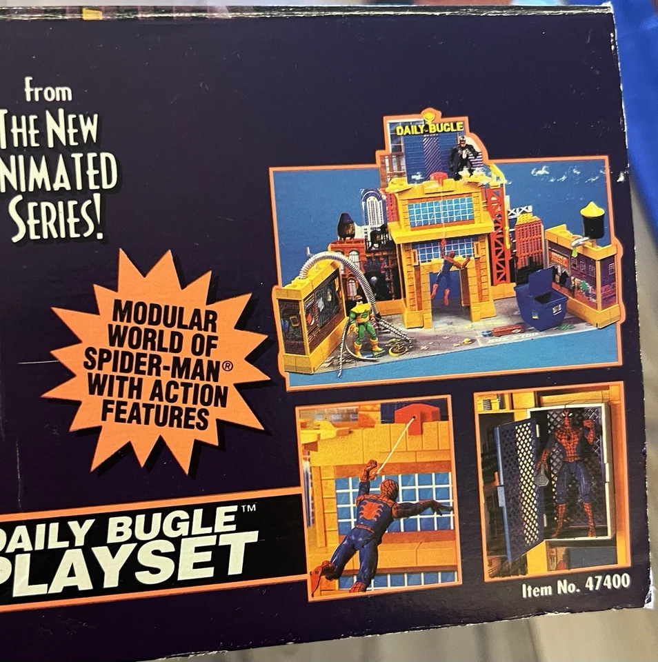 Juego de figuras de acción ToyBiz Spider-Man Daily Bugle 1994 100 % completo con caja Foto 4 de 4