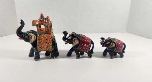 Lot Of 3 Meenakari Elephant Howdah Enamel Hand Painted Metal Figurines