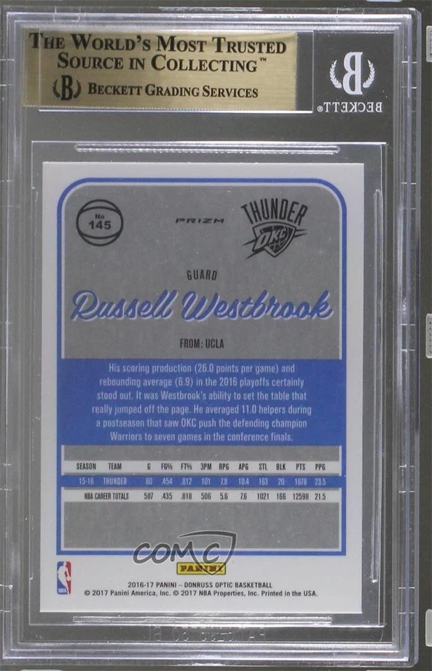 2016 Panini Donruss Optic Purple Prizm Russell Westbrook #145 BGS 9.5 GEM MINT - Image 2 of 2