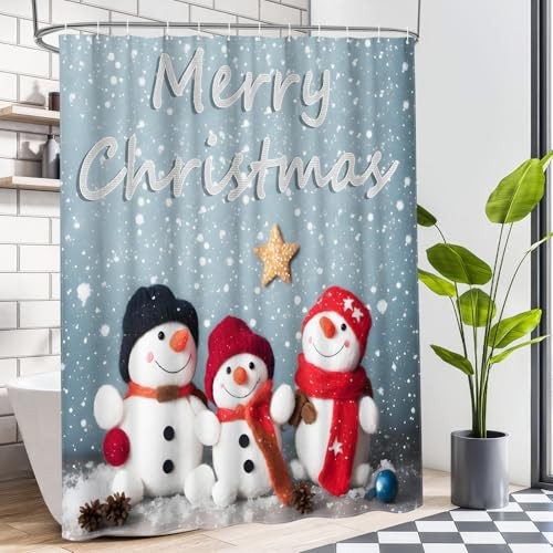 Blue Christmas Shower Curtain Cute Xmas Snowman Theme Fabric Shower Curtain - Picture 2 of 7