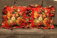 PAIR Ralph Lauren Aylesbury  25"x 26.5" Vintage Red Floral Barkcloth Euro Shams