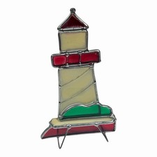 Vintage Handmade Stained Glass Mosaic Soldered Foil Lighthouse Sculpture W/Stand