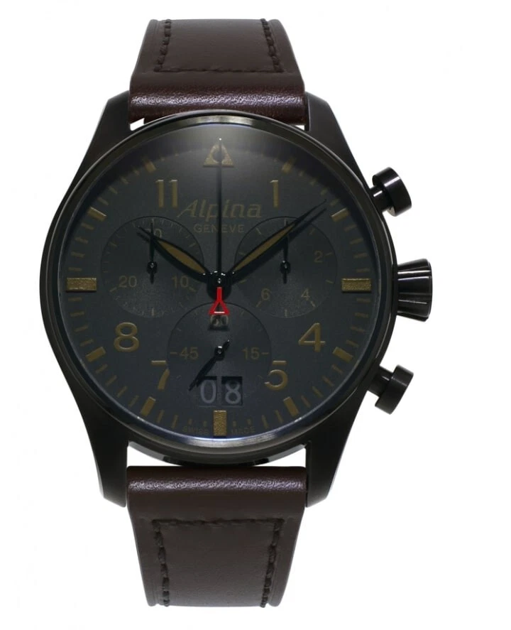 Alpina Men's Startimer Pilot Quartz Chronograph Brown Band Big Date Watch 44mm
