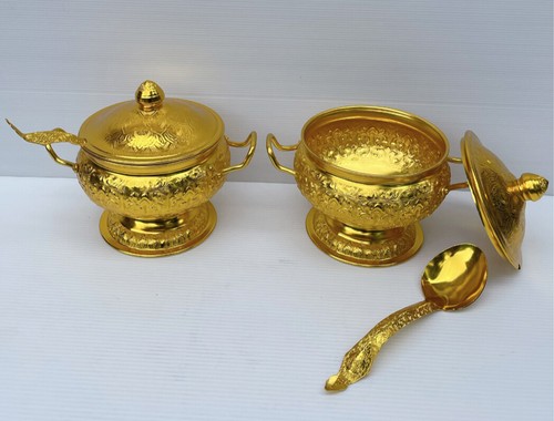 Vintage Style Thai Serving Bowl Rice Soup Gold Aluminium Size 20 cm with Ladle - Picture 41 of 60