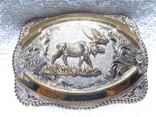 Crumrine Gold Engraved Reindeer Center Buckle Dual Gold Banners W/Box Vintage ! - Bild 3 von 12