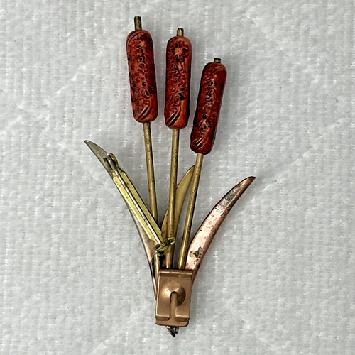 Cattail Resin And Mix Metal Leaf Gold Tone Brooch Or Button Slip - Picture 3 of 7