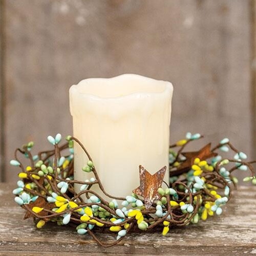 Pip Berry Candle Ring with Stars Blue Yellow Ivory Primitive Decor 4 inch inner - Picture 4 of 4