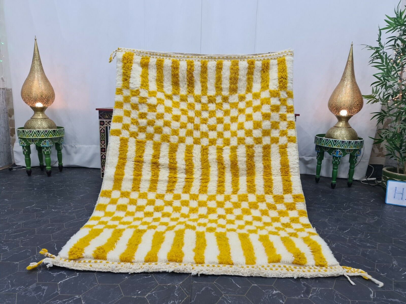 Moroccan Handmade Beni Ourain Rug 4'3"x6'  Berber Checkered White Yellow Carpet