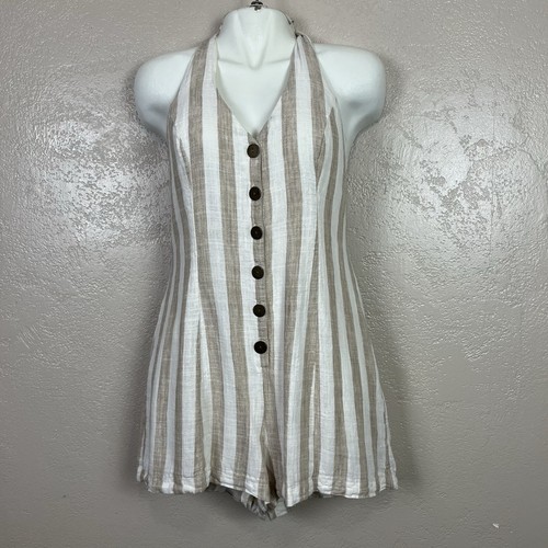 Mameluco halter corto forrado a rayas beige/blanco talla grande para mujer - Imagen 14 de 14
