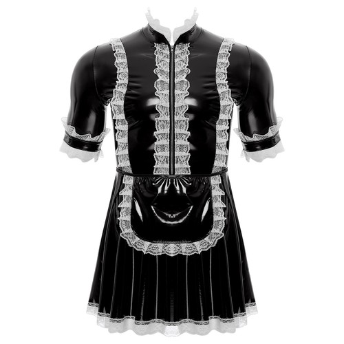 Abito uomo PVC pelle Sissy cameriera francese cosplay lingerie uniforme outfit notte - Foto 58 di 112