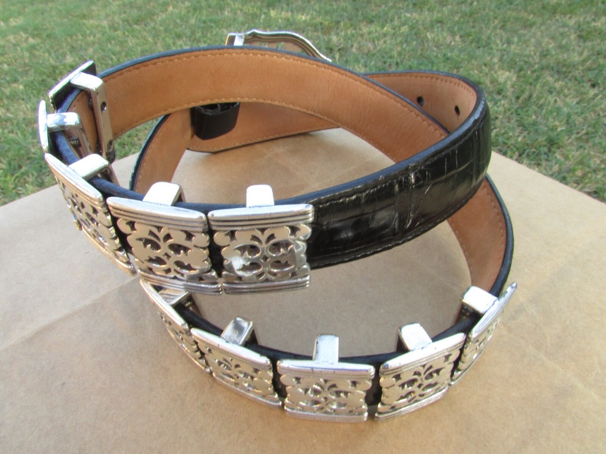 Brighton Black Leather Concho Western Silver Link Croc Embossed Belt Sz S/28 Brighton Leather Belt Concho Black Western Silver Heart  main image 3