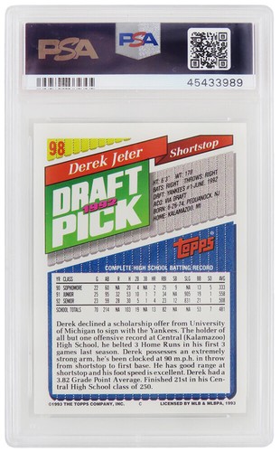 Derek Jeter 1993 Topps Baseball #98 RC Rookie Card - PSA 9 MINT (New Label) - Picture 2 of 2