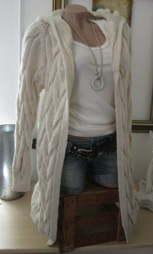 Italy Winter Cardigan Strickjacke Jacke Kapuze Grob Zopfmuster Beige 36 38 40 - Bild 8 von 13