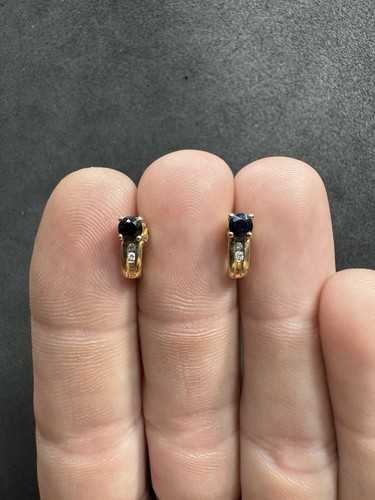 1.63g VTG 14k Yellow Gold Sapphire & Diamond Half Hoop Earrings Jewelry lot K