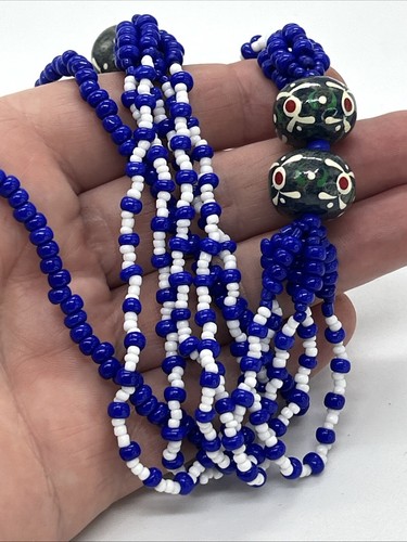 Vintage Glass Bead Necklace Cobalt Blue White Multistrand Boho Style Folk - Picture 4 of 21
