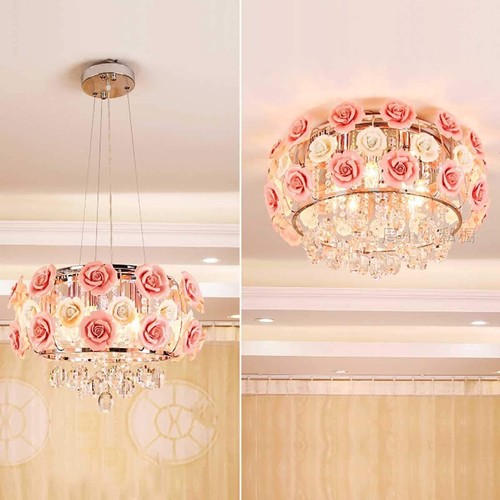 Romantic Crystal Chandelier Ceramic Rose Flower Pendant Lamp 5-Lights Fixtures - Picture 2 of 18