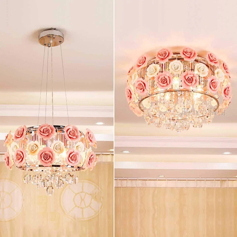 Romantic Crystal Chandelier Ceramic Rose Flower Pendant Lamp 5-Lights Fixtures - Image 2 of 4