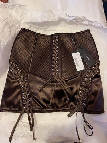 Dolce & Gabbana D&G Brown Satin Corset Lace Laced Up Eyelet Mini Skirt Size M