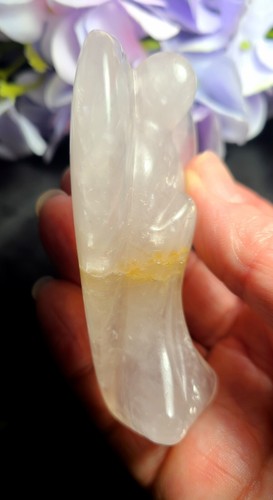 3.2" 101g Palest Rose Quartz w Golden Healer Praying Angel Crystal Carving Ston - Picture 2 of 14