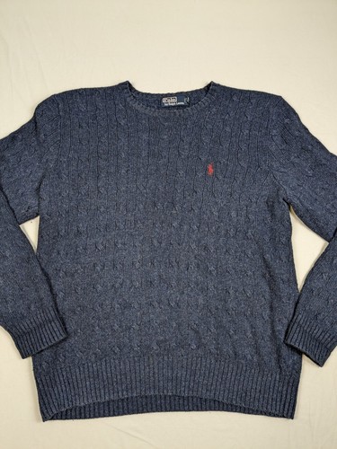 Pull homme vintage Polo Ralph Lauren 100 % soie gros câble tricot bleu bruyère • L - Photo 7/8