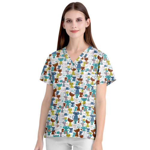 Unisex Scrub Tops 100% Cotton Printed Short Sleeve Medical Nurse V-Neck Shirt - Picture 29 of 50